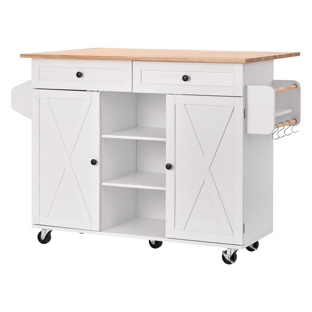 VEVOR Kitchen Island Cart, with Solid Wood Top and Storage Cabinet, Mobile Rolling Table with Drop Leaf, Drawers, Spice Towel Rack, Portable Islands on Swivel Wheels for Dining Room, 132cm Width, White