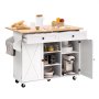 VEVOR Kitchen Island Cart, with Solid Wood Top and Storage Cabinet, Mobile Rolling Table with Drop Leaf, Drawers, Spice Towel Rack, Portable Islands on Swivel Wheels for Dining Room, 132cm Width, White
