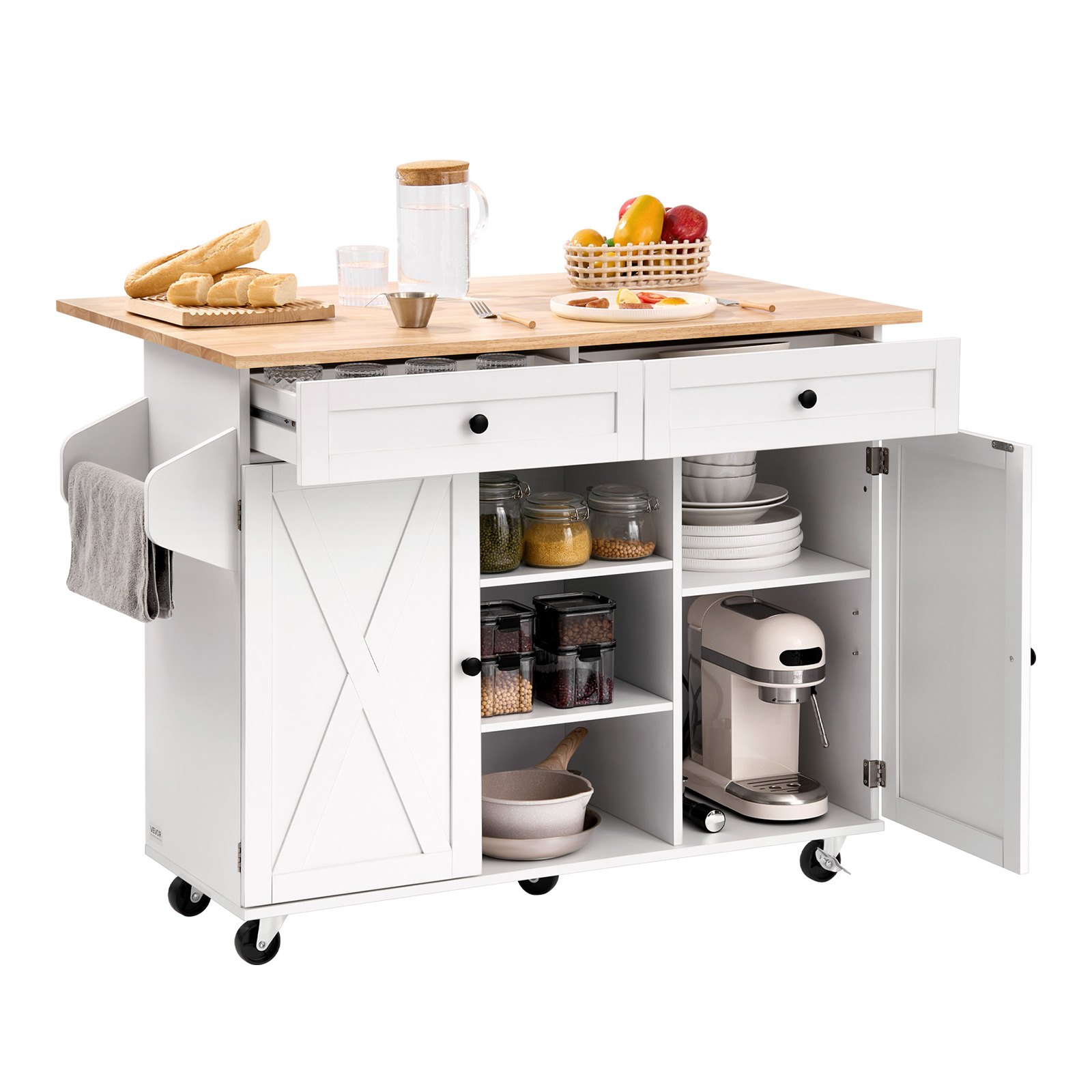 VEVOR Kitchen Island Cart, with Solid Wood Top and Storage Cabinet, Mobile Rolling Table with Drop Leaf, Drawers, Spice Towel Rack, Portable Islands on Swivel Wheels for Dining Room, 132cm Width, White