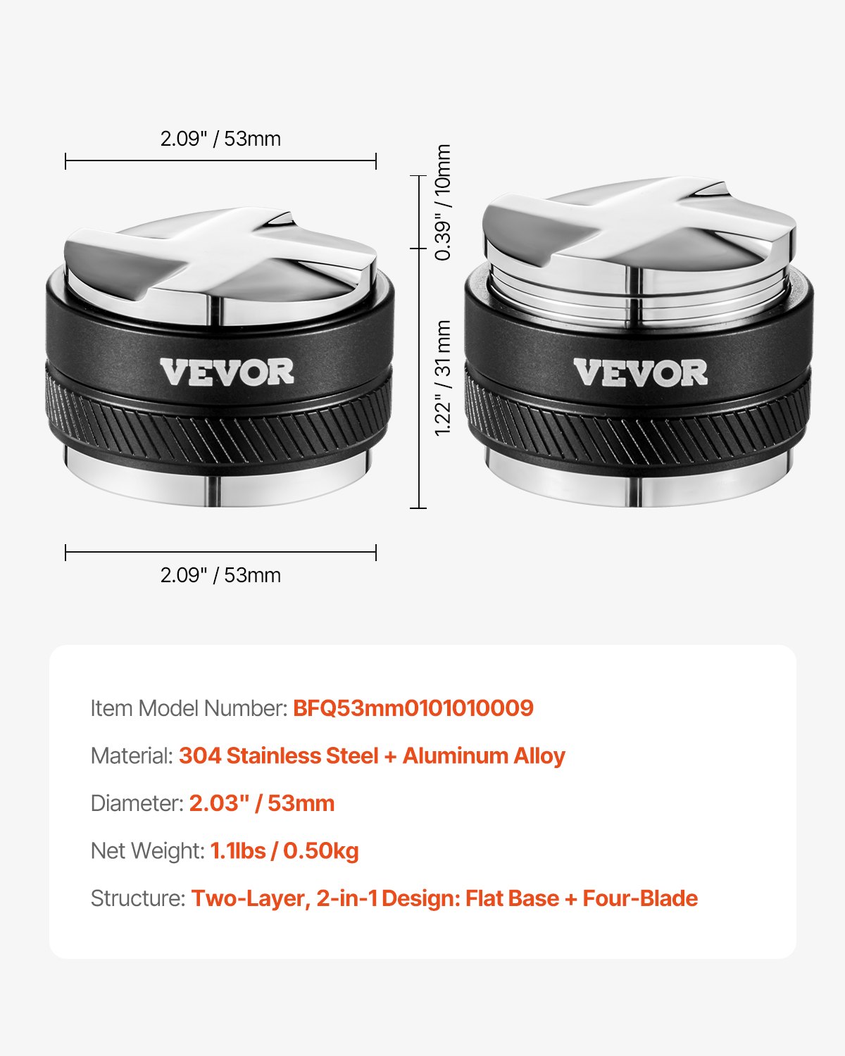 VEVOR Koffieverdeler 2 in 1 Verstelbare Espressoverdeler (53 mm) met waaiervormige basis, Koffieverdeler Koffieverdeler 304 roestvrij staal met eenvoudig te demonteren ontwerp