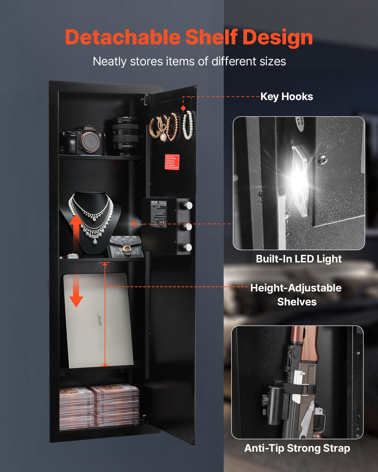 VEVOR wandkluis met wachtwoord en sleutel, ingebouwde behuizing van koudgewalst staal Q235 met verstelbare planken en ledverlichting, inbouwkluis/kastkluis voor geld, sieraden en paspoort