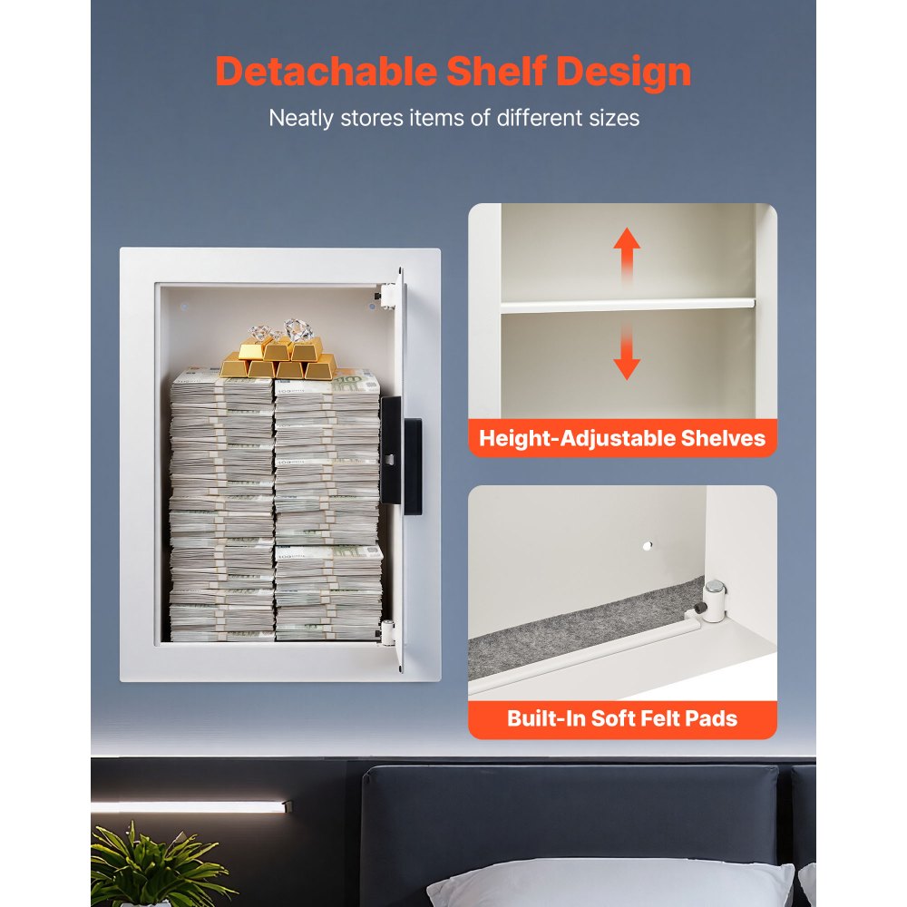 VEVOR 0.83 sq.ft Wall Safe, 3-Tier Hidden Wall Safe with Password, Key & Turning Knob, Q235 Cold-Rolled Steel In-Wall Box with Adjustable Shelves & Mounting Holes for Money, Jewelry, Passport, White