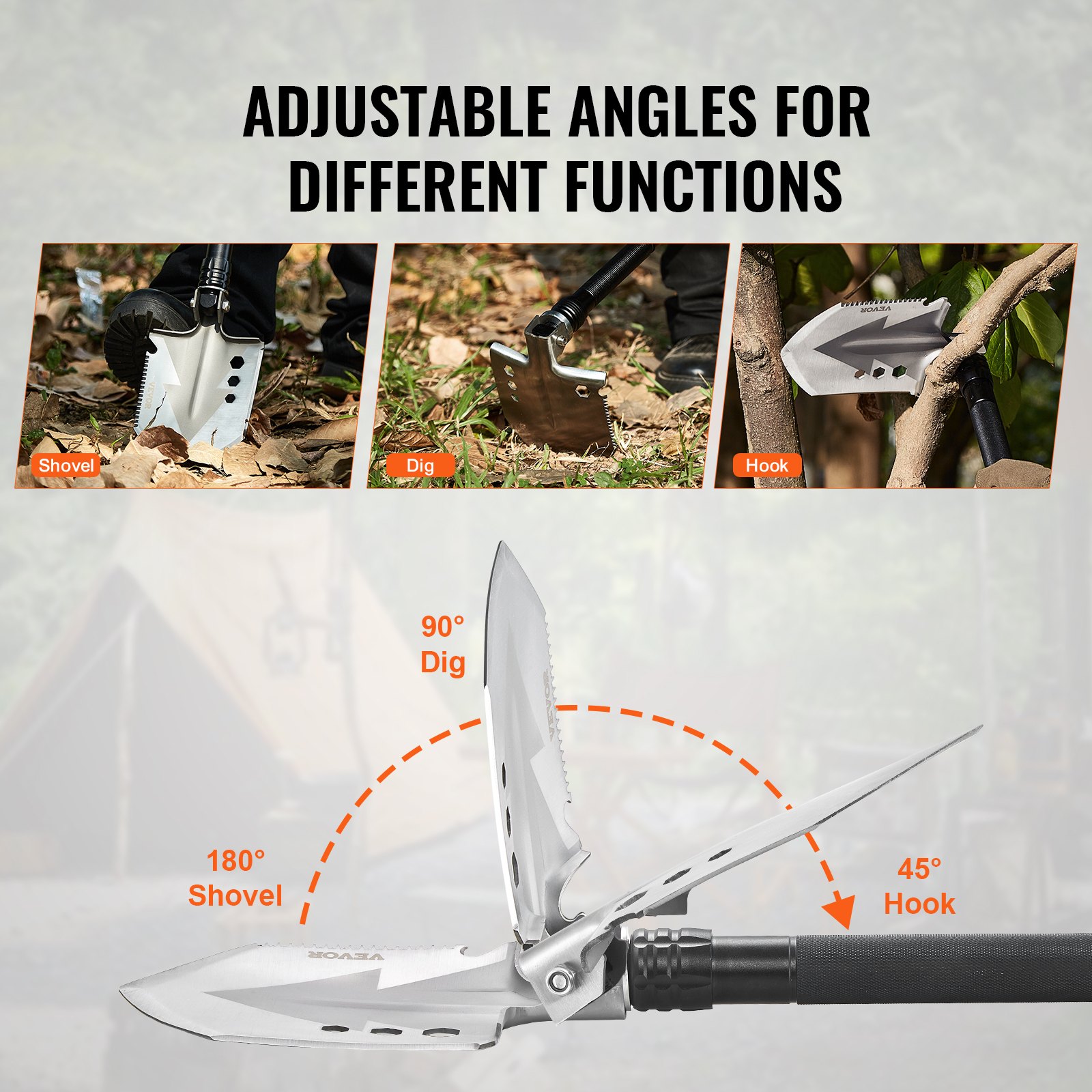 VEVOR Survival Shovel, 8 in 1 Camping Shovel Folding Multitool, Military Grade Portable Compact Tactical Shovel, Multifunction for Off-Roading, Camping, Hiking, Outdoor, Survivalist and Emergency