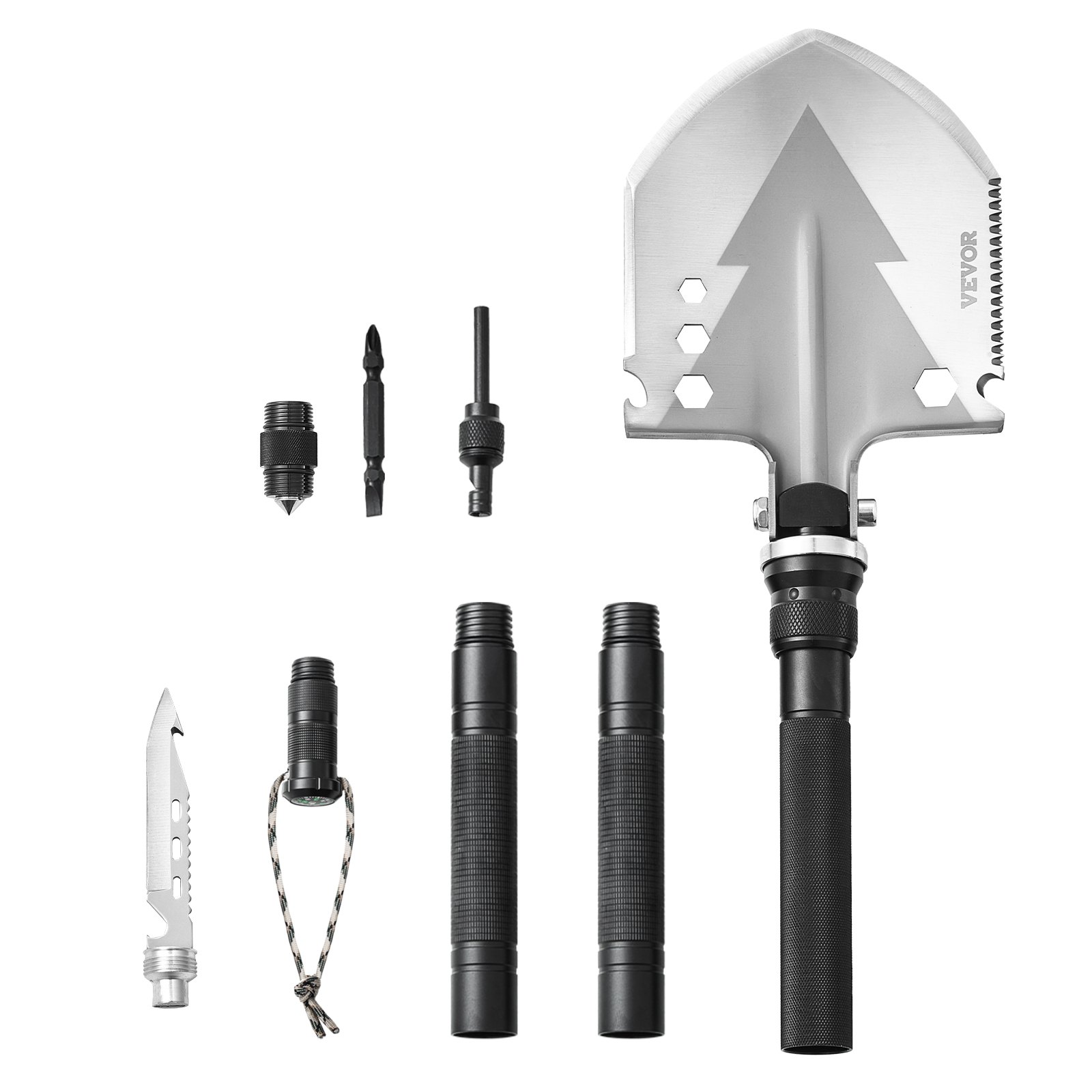 VEVOR Survival Shovel 11 in 1 schep, opvouwbare multitool 815 mm lange compacte schep voor off-road kamperen wandelen buiten survivalisten noodgevallen