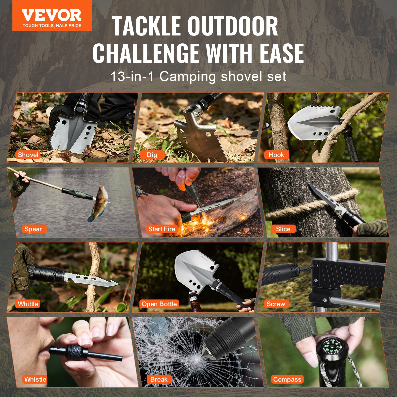 VEVOR Survival Shovel 13 in 1 schep, opvouwbare multitool 98 cm lang, compacte schep voor off-road kamperen wandelen buiten survivalisten noodgevallen