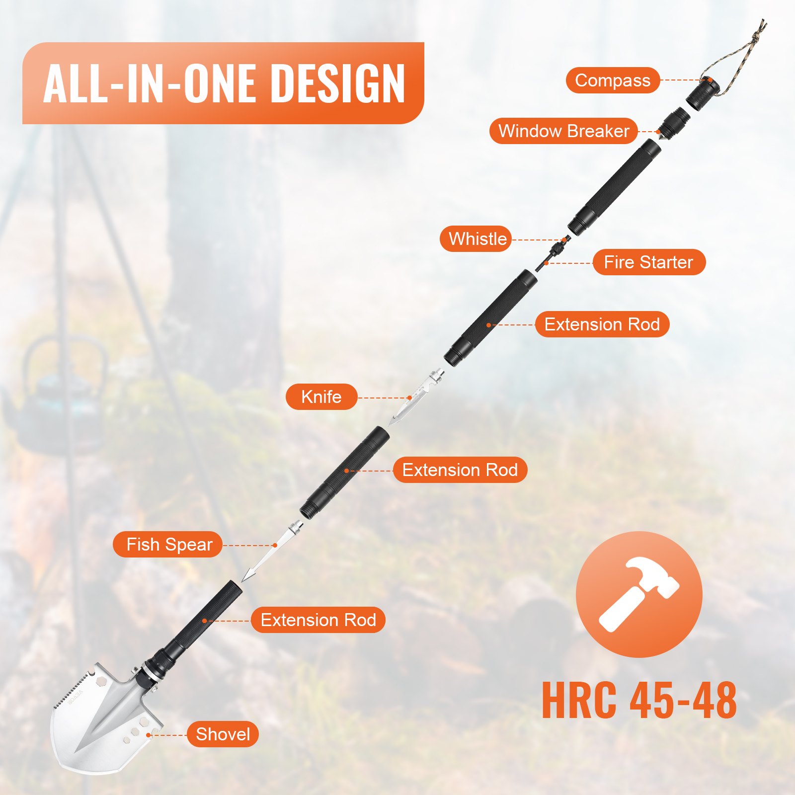 VEVOR Survival Shovel 13 in 1 schep, opvouwbare multitool 98 cm lang, compacte schep voor off-road kamperen wandelen buiten survivalisten noodgevallen