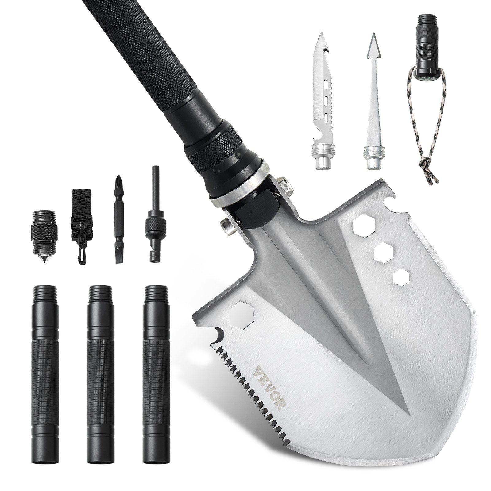 VEVOR Survival Shovel 13 in 1 schep, opvouwbare multitool 98 cm lang, compacte schep voor off-road kamperen wandelen buiten survivalisten noodgevallen