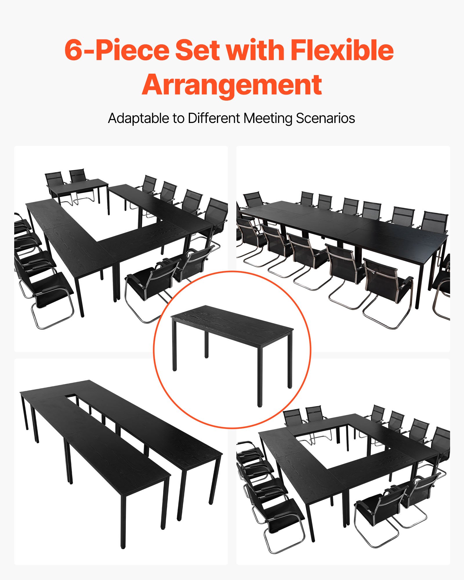 VEVOR Conference Table, Set of 6, 1400 mm Office Meeting Table for 16 Person, Flexible Combination Desk Set, Modern Rectangle Meeting Desk with Metal Legs for Office, Conference Room, Easy Assembly