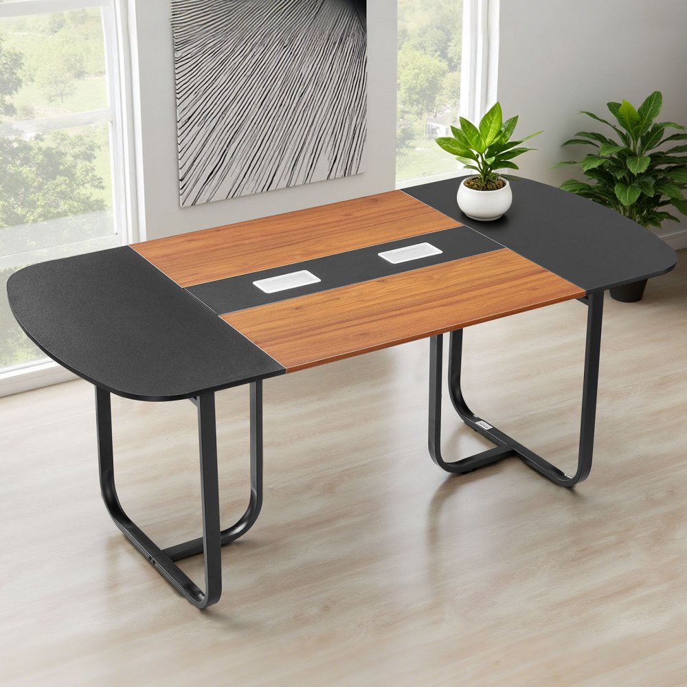VEVOR Conferentietafel, Vergadertafel voor 6-8 personen, 180 x 90 cm Ovaal bureau, Seminartafel, Vergadertafel, Multifunctionele tafel, Tafel met metalen poten voor kantoor, Vergaderruimte, Zwart & Bruin