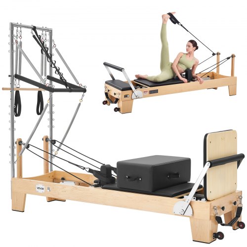VEVOR Pilates Reformer met Half Tower 2400 x 735 x 1990 mm, gemaakt van esdoornhout. Ideaal voor thuis en in de sportschool, draagvermogen tot 181 kg, met jumpboard, veren, Pilates box en verstelbare hoofdsteun.