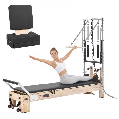 VEVOR Pilates Reformer met Half Tower 2440 x 800 x 1975 mm Rubberhout Ideaal voor thuis- en sportschoolgebruik, tot 181 kg draagvermogen, met jumpboard, veren, Pilatesbox en verstelbare hoofdsteun