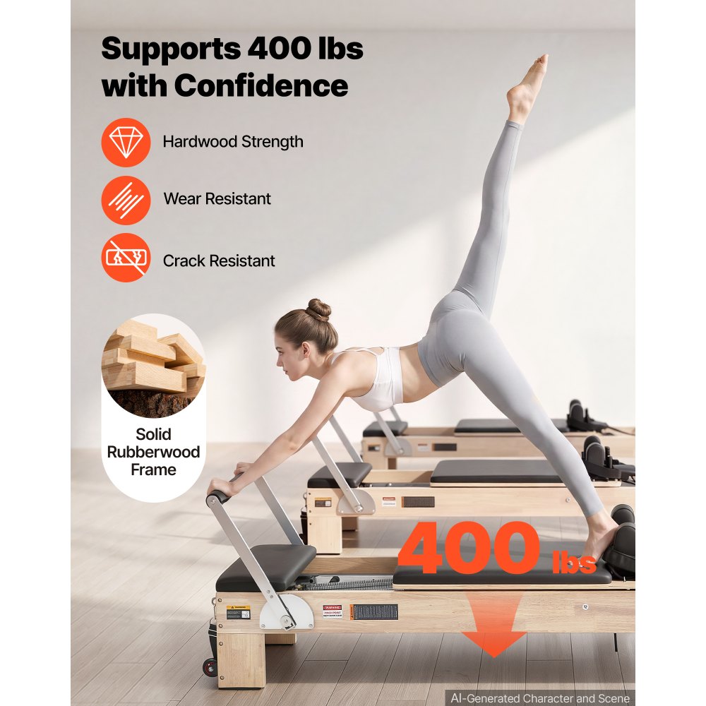 VEVOR Pilates Reformer met Half Tower 2440 x 800 x 1975 mm Rubberhout Ideaal voor thuis- en sportschoolgebruik, tot 181 kg draagvermogen, met jumpboard, veren, Pilatesbox en verstelbare hoofdsteun