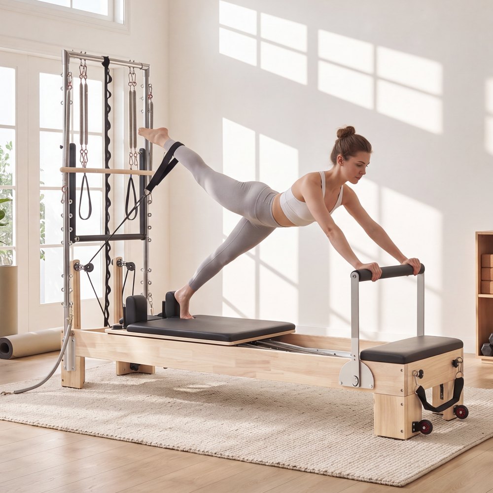 VEVOR Pilates Reformer met Half Tower 2440 x 800 x 1975 mm Rubberhout Ideaal voor thuis- en sportschoolgebruik, tot 181 kg draagvermogen, met jumpboard, veren, Pilatesbox en verstelbare hoofdsteun