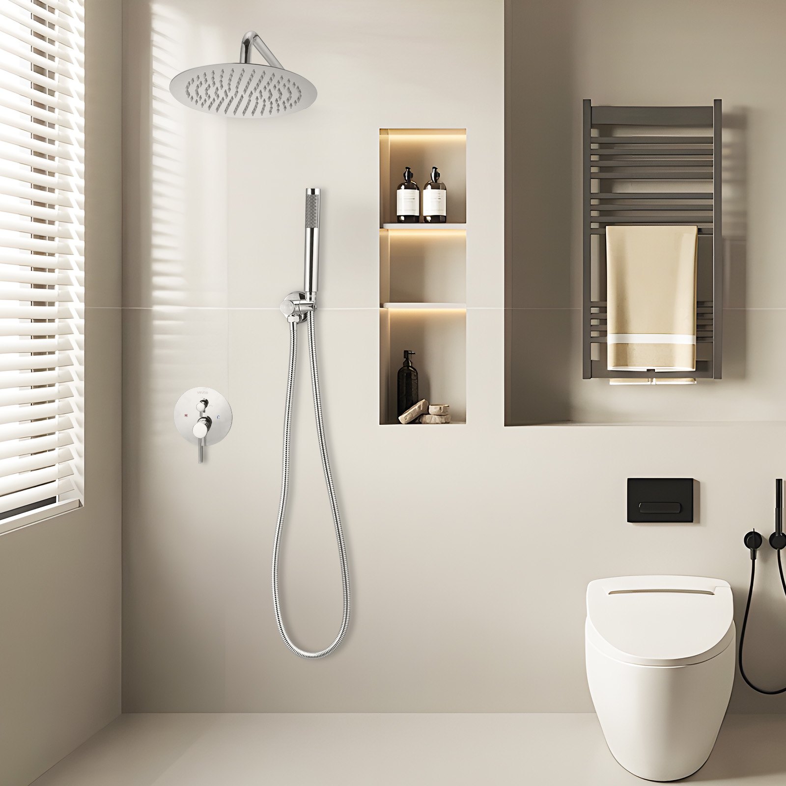 VEVOR Shower Faucet Set, Rainfall Bathroom Shower System with 10-Inch (25.4cm) Round Rain Shower Head and Handheld Spray, Wall Mounted Bath Fixtures with Brass Valve and Trim Kit, Silver Chrome