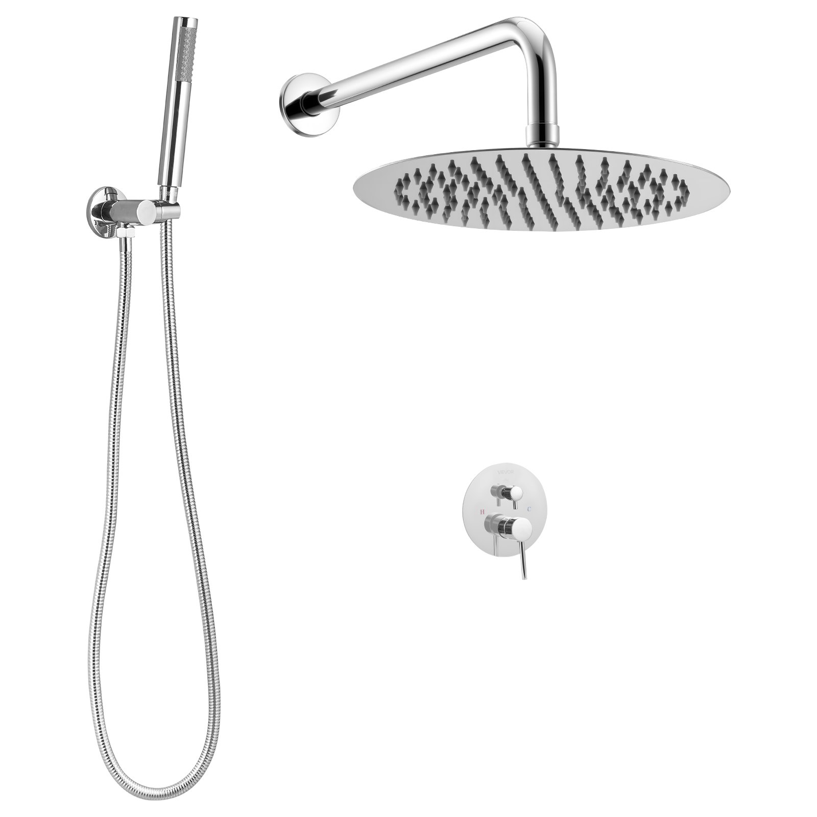 VEVOR Shower Faucet Set, Rainfall Bathroom Shower System with 10-Inch (25.4cm) Round Rain Shower Head and Handheld Spray, Wall Mounted Bath Fixtures with Brass Valve and Trim Kit, Silver Chrome