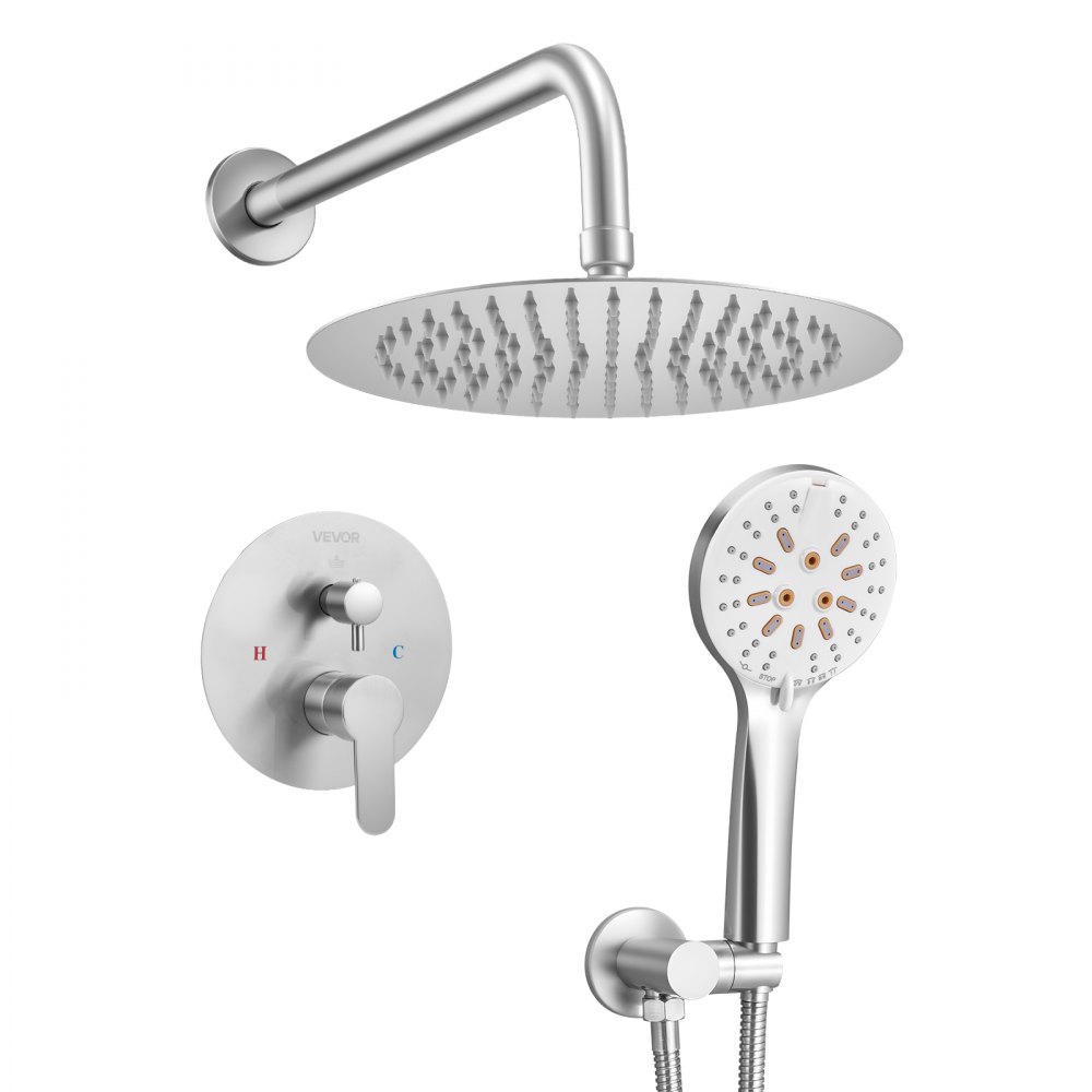 VEVOR Shower Faucet Set, Rainfall Bathroom Shower System with 10-Inch (25.4cm) Round Rain Shower Head and Handheld Spray, Wall Mounted Bath Fixtures with Brass Valve and Trim Kit, Brushed Nickel