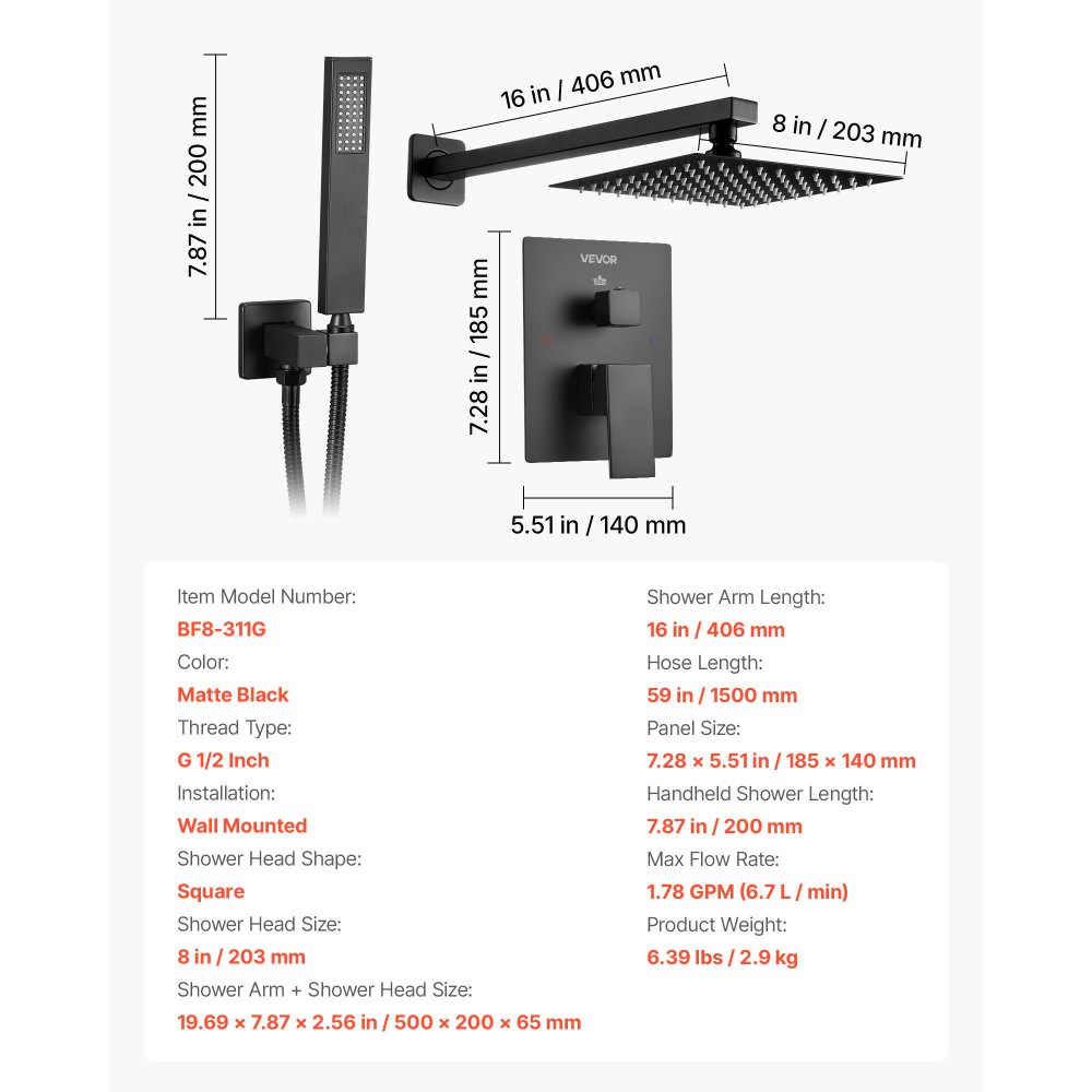 VEVOR Shower Faucet Set, Rainfall Bathroom Shower System with 8-Inch (20.3cm) Square Rain Shower Head and Handheld Spray, Wall Mounted Bath Fixtures with Brass Valve and Trim Kit, Matte Black