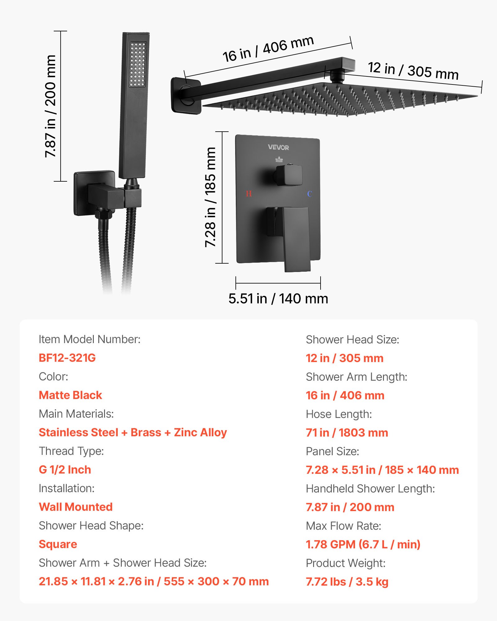 VEVOR Shower Faucet Set, Rainfall Bathroom Shower System with 12-Inch (30.5cm) Square Rain Shower Head and Handheld Spray, Wall Mounted Bath Fixtures with Brass Valve and Trim Kit, Matte Black