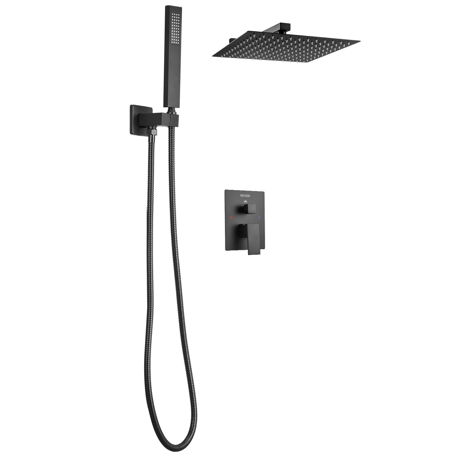 VEVOR Shower Faucet Set, Rainfall Bathroom Shower System with 12-Inch (30.5cm) Square Rain Shower Head and Handheld Spray, Wall Mounted Bath Fixtures with Brass Valve and Trim Kit, Matte Black