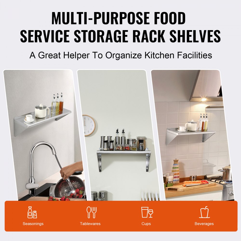 VEVOR zwevende plank van roestvrij staal van 30 x 91 cm, aan de muur bevestigd met beugels, draagvermogen van 113 kg, commerciële stelling, zwaar opbergrek voor restaurants, keukens, bars, woningen en hotels