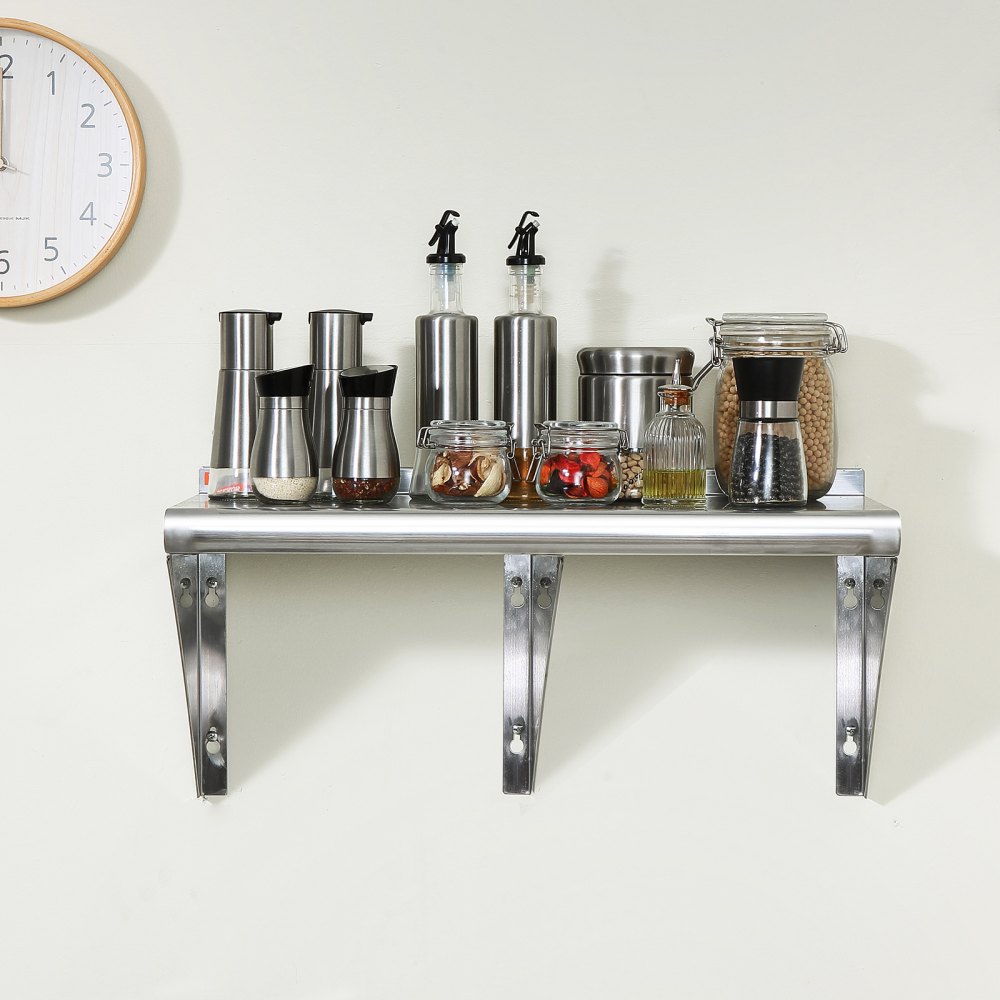VEVOR kruidenrek wandplank 1524 x 305 x 63 mm, hangend keukenrek met draagframe, zwevende plank roestvrij staal 142 kg draagvermogen, wandplank kruidenrek voor keukens, restaurants, hotels etc.