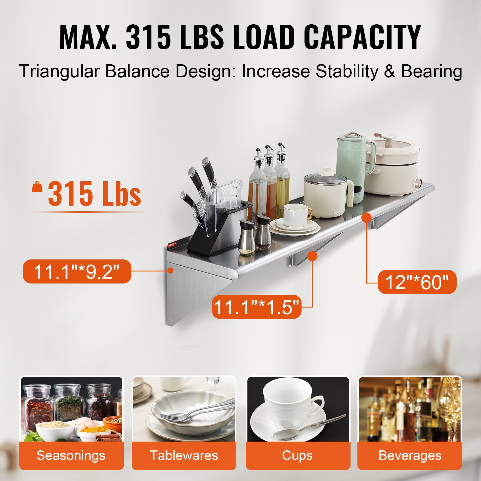 VEVOR kruidenrek wandplank 1524 x 305 x 63 mm, hangend keukenrek met draagframe, zwevende plank roestvrij staal 142 kg draagvermogen, wandplank kruidenrek voor keukens, restaurants, hotels etc.