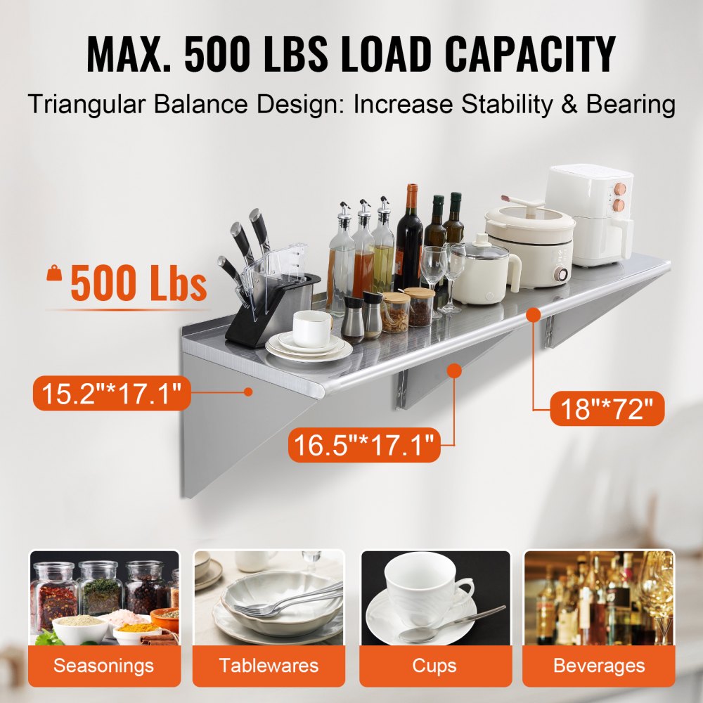 VEVOR Kruidenrek Wandplank 1 Stuk Hangende Keukenplank 1829 x 457 x 63 mm, Zwevende plank RVS 226 kg Draagvermogen, Plank Wandplank Kruidenrek Geschikt voor Keuken, Restaurants, Hotels, etc.