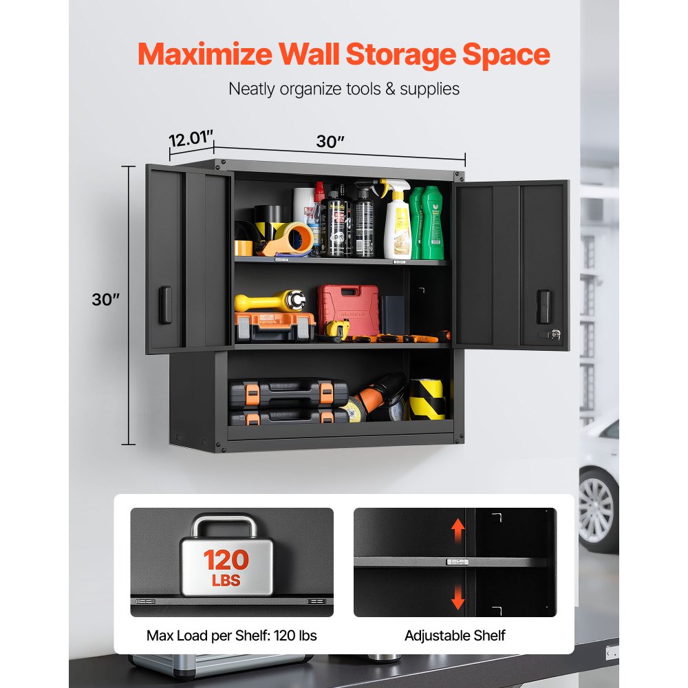 VEVOR Metal Wall Cabinet, 76.2W x 30.5D x 76.2H Inch, Steel Floating Hanging Storage Cabinet with Locking Doors and Adjustable Shelf for Garage, Basement, Kitchen, Warehouse Assembly Required, Black