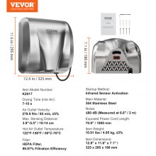 VEVOR Hand Dryer 1300W Electric Hand Dryer 7-10s Drying Time Commercial Wall Hand Dryer Hand Hair Dryer with HEPA Filter 99.97% Filtration Efficiency Air Hand Dryer Kitchen Bathroom Toilet