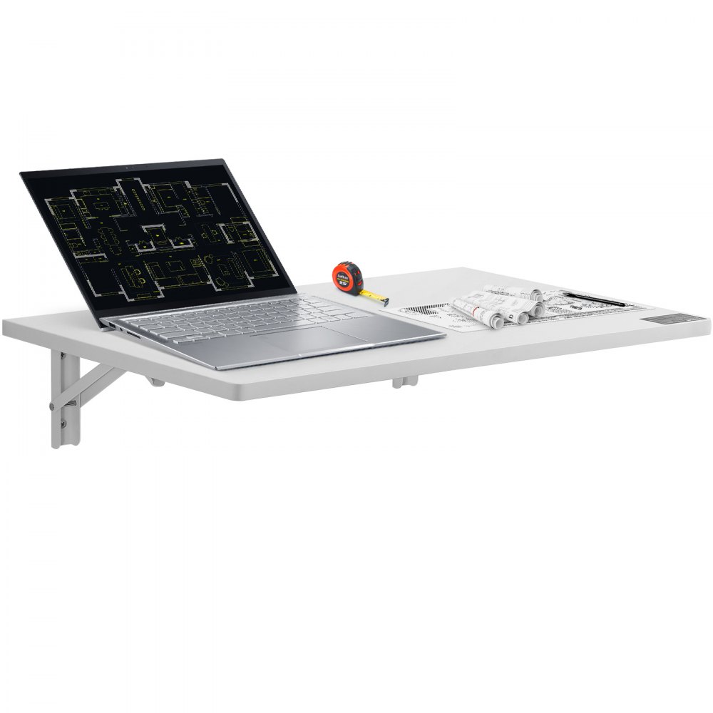 VEVOR wall mounted folding table with laptop, tape measure, and blueprints.