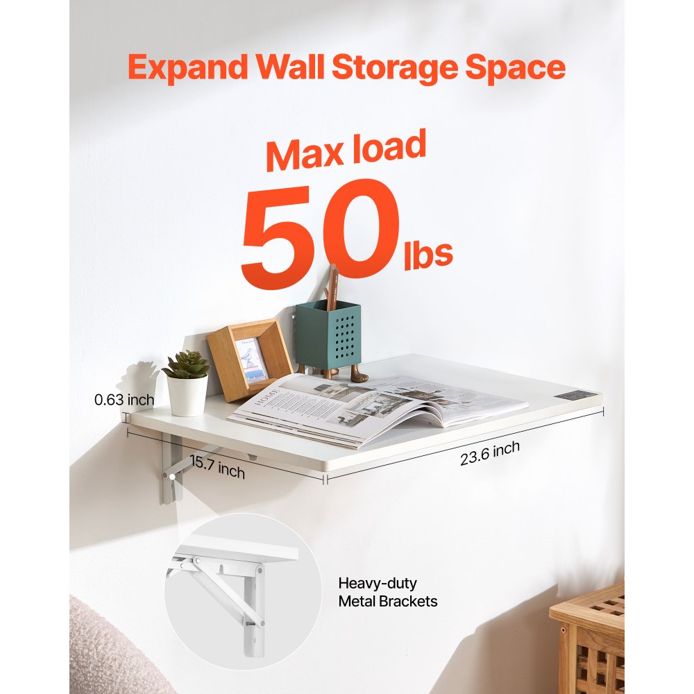 VEVOR Wall Mounted Folding Table, 23.6 x 15.7 inches Wall Mount Table, Floating Desk with Iron Bracket, Fold Down Desk for Small Spaces, Home Office, Dining, Laundry Room, Kitchen, Bar, White