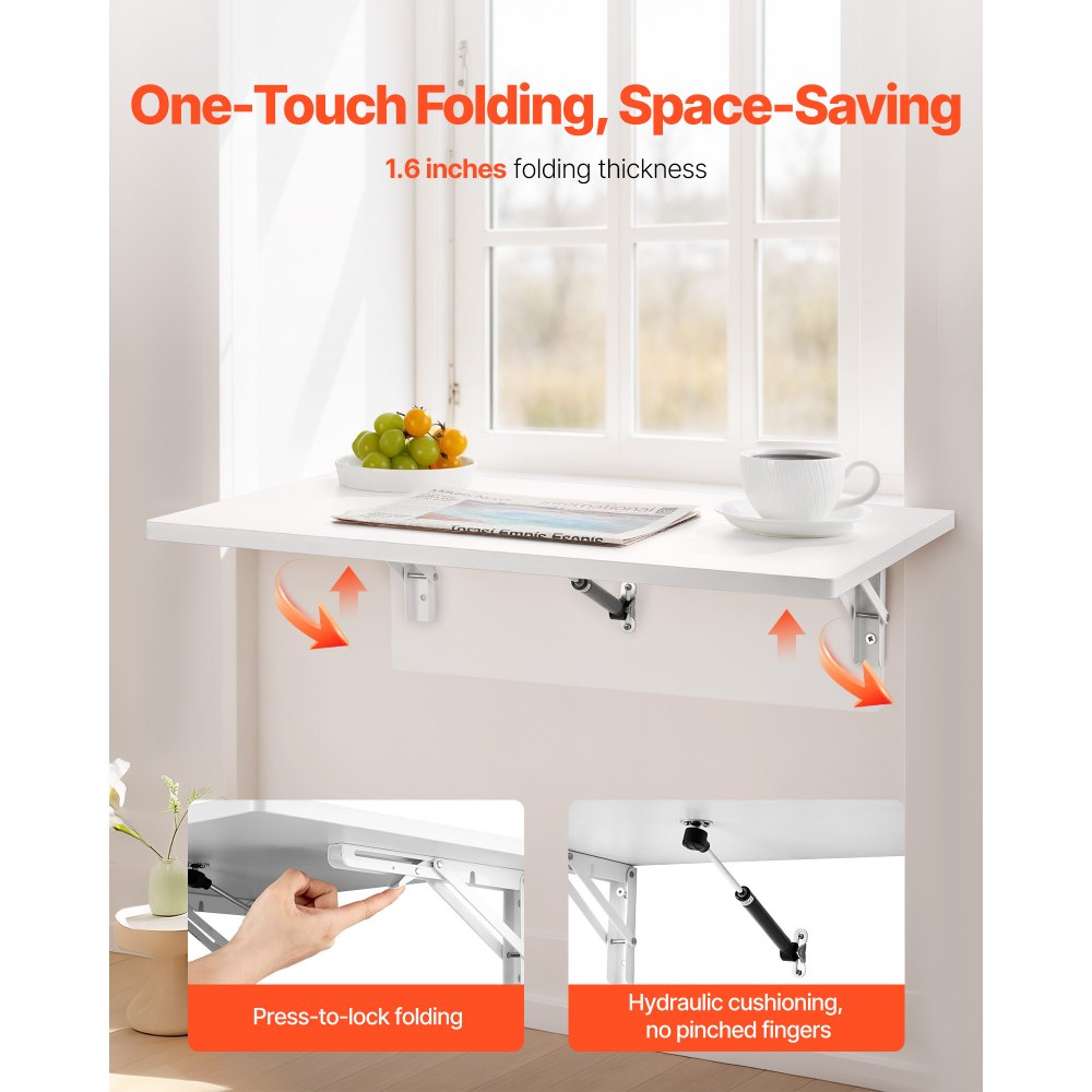 VEVOR Wall Mounted Folding Table, 23.6 x 15.7 inches Wall Mount Table, Floating Desk with Iron Bracket, Fold Down Desk for Small Spaces, Home Office, Dining, Laundry Room, Kitchen, Bar, White