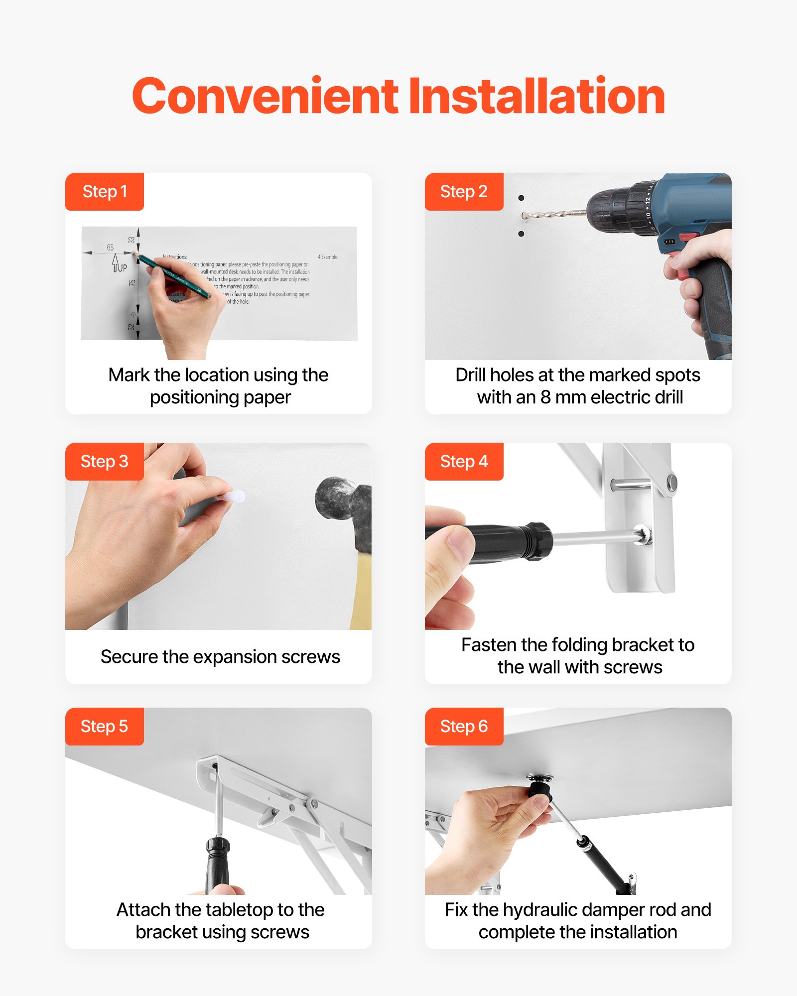 VEVOR Wall Mounted Folding Table, 23.6 x 15.7 inches Wall Mount Table, Floating Desk with Iron Bracket, Fold Down Desk for Small Spaces, Home Office, Dining, Laundry Room, Kitchen, Bar, White