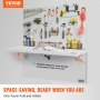 VEVOR wall mounted folding table with tools on a pegboard, highlighting foldable design for space saving.