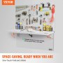 VEVOR wall mounted folding table with organized tools and accessories on a pegboard, emphasizing space-saving.