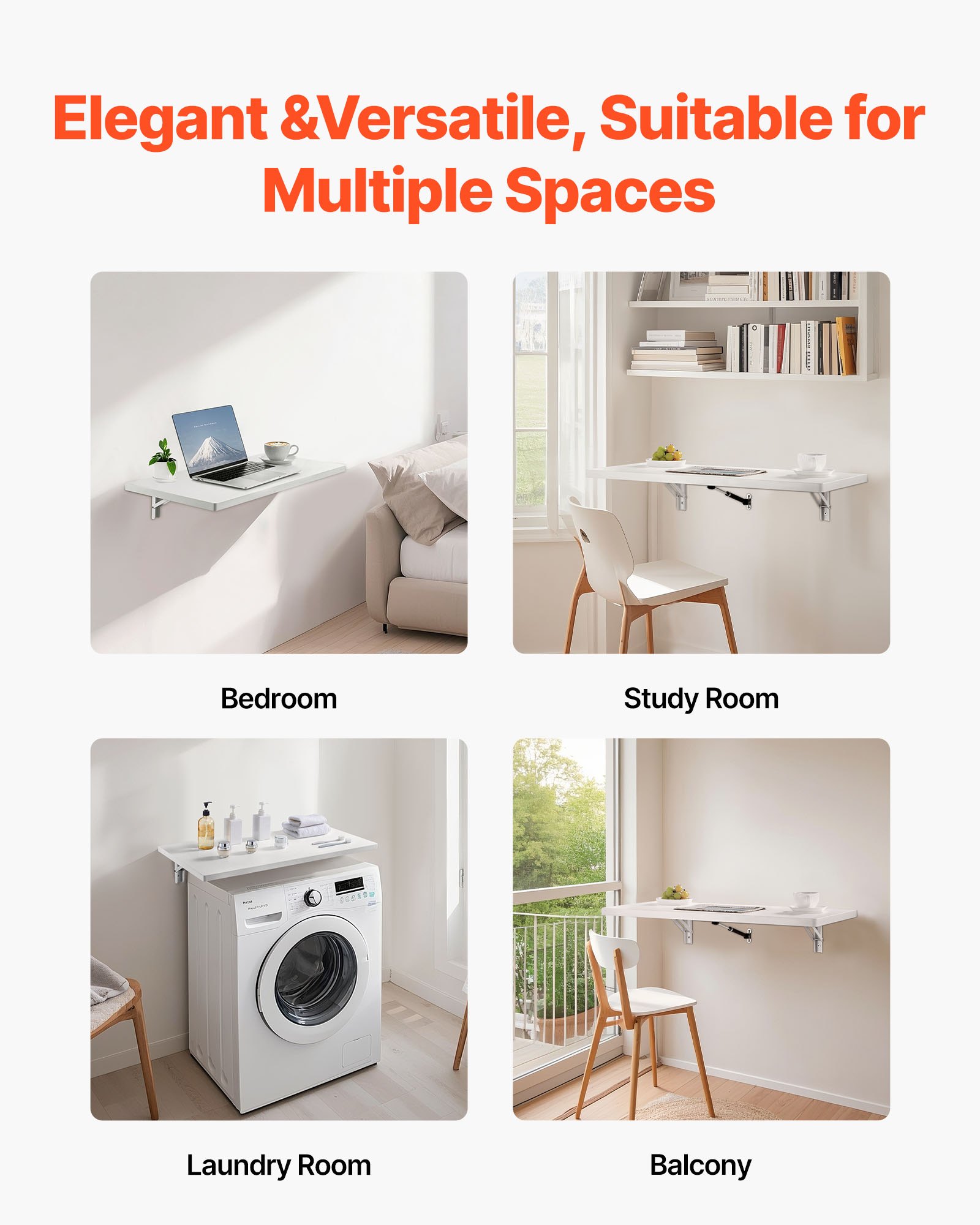 VEVOR Wandgemonteerde opklapbare tafel, 80 x 40 cm, opklapbare tafel, zwevend bureau met ijzeren beugel, opklapbaar bureau voor kleine ruimtes, thuiskantoor, eetkamer, wasruimte, keuken, bar, wit