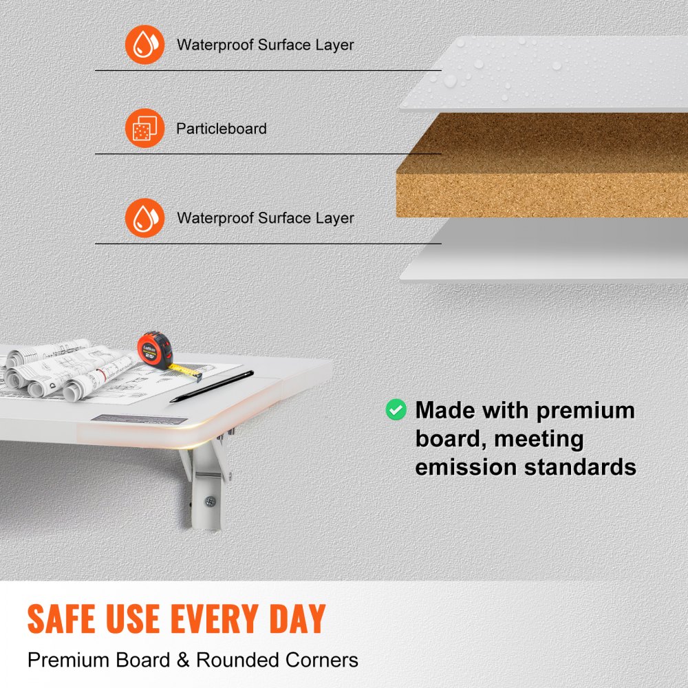 VEVOR Wandgemonteerde opklapbare tafel, 80 x 50 cm, Wandgemonteerde klaptafel, Zwevend bureau met ijzeren beugel, Opklapbaar bureau voor kleine ruimtes, Thuiskantoor, Eetkamer, Wasruimte, Keuken, Bar, Wit
