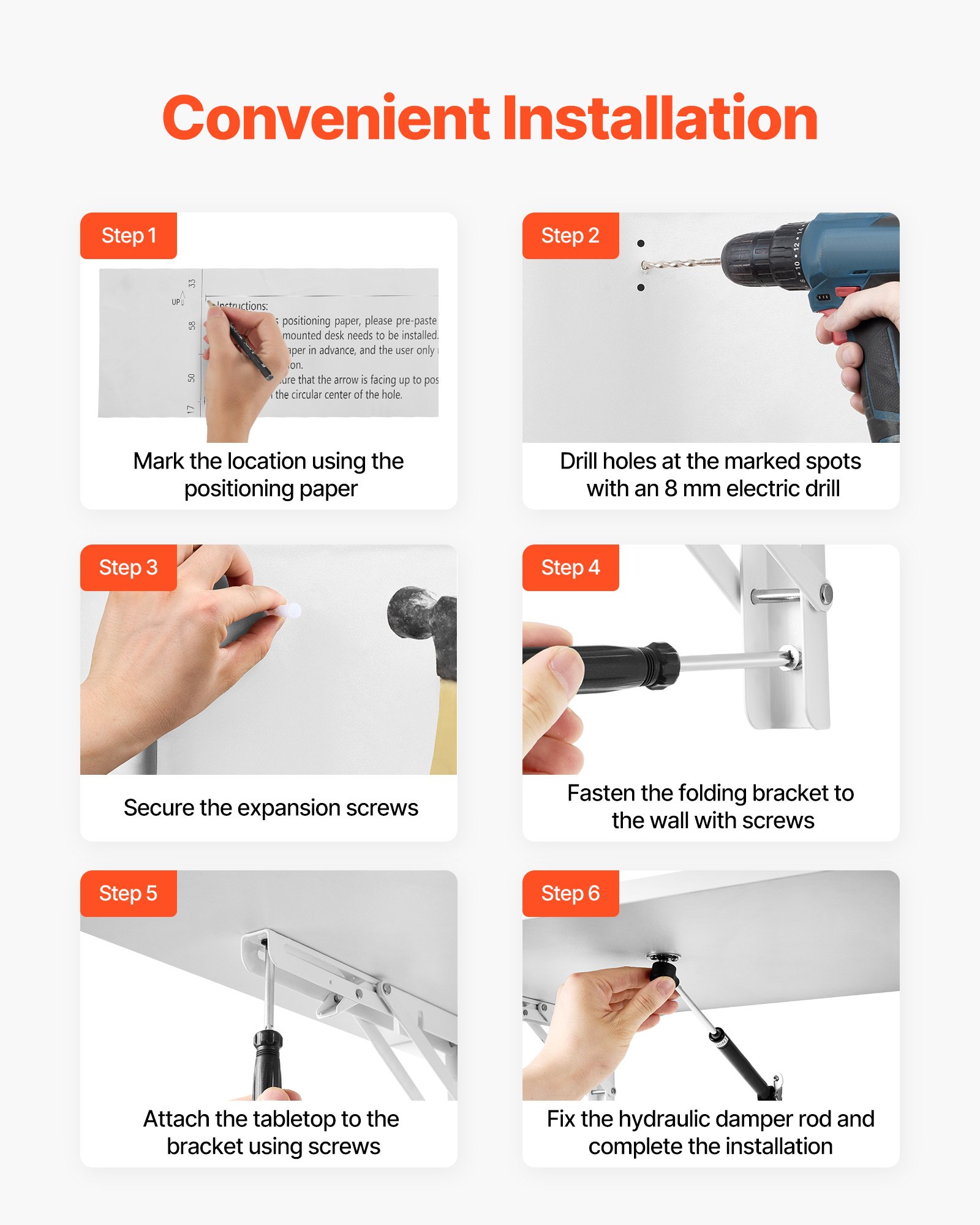 VEVOR Wandgemonteerde opvouwbare tafel, 100 x 50 cm, opvouwbare tafel, zwevend bureau met ijzeren beugel, opvouwbaar bureau voor kleine ruimtes, thuiskantoor, eetkamer, wasruimte, keuken, bar, wit