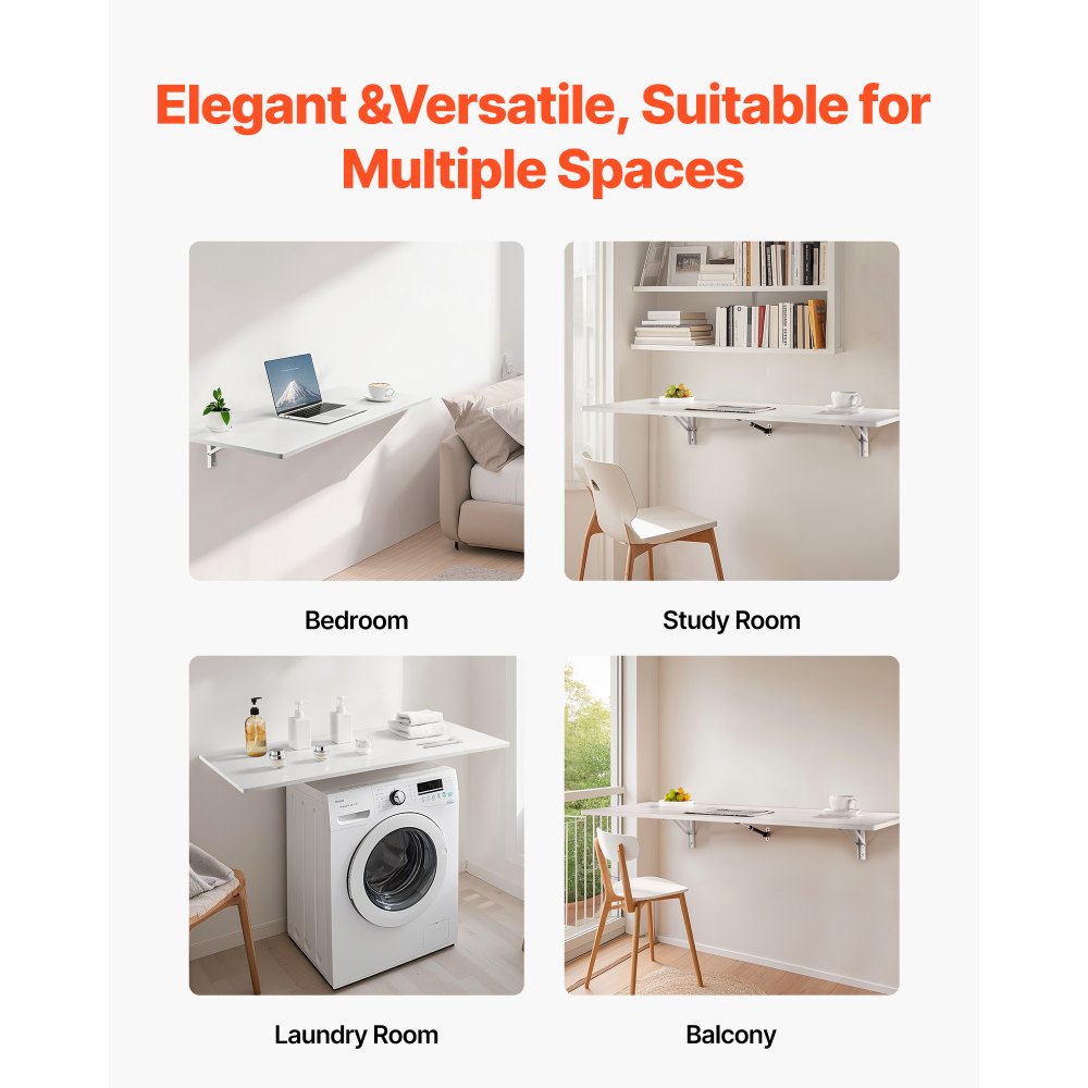 VEVOR Wandgemonteerde opvouwbare tafel, 110 x 46 cm, opvouwbare tafel, zwevend bureau met ijzeren beugel, opvouwbaar bureau voor kleine ruimtes, thuiskantoor, eetkamer, wasruimte, keuken, bar, wit