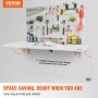 VEVOR wall mounted folding table with tools, foldable design, and orange wall organizer.