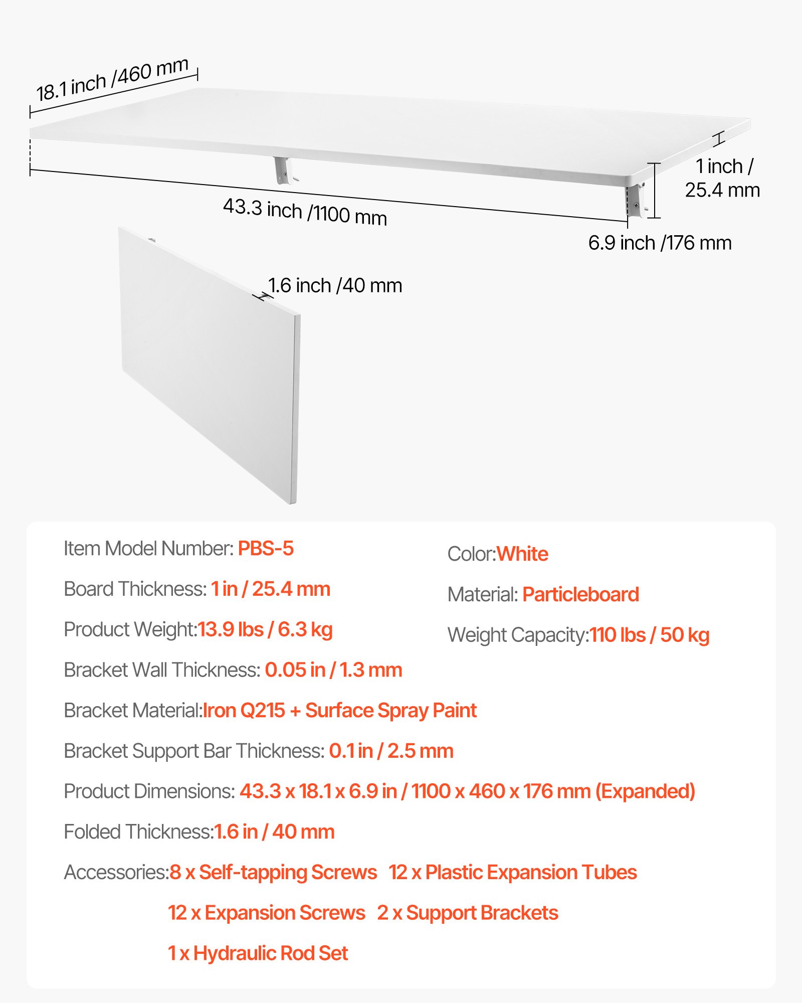 VEVOR Wandgemonteerde opvouwbare tafel, 110 x 46 cm, opvouwbare tafel, zwevend bureau met ijzeren beugel, opvouwbaar bureau voor kleine ruimtes, thuiskantoor, eetkamer, wasruimte, keuken, bar, wit