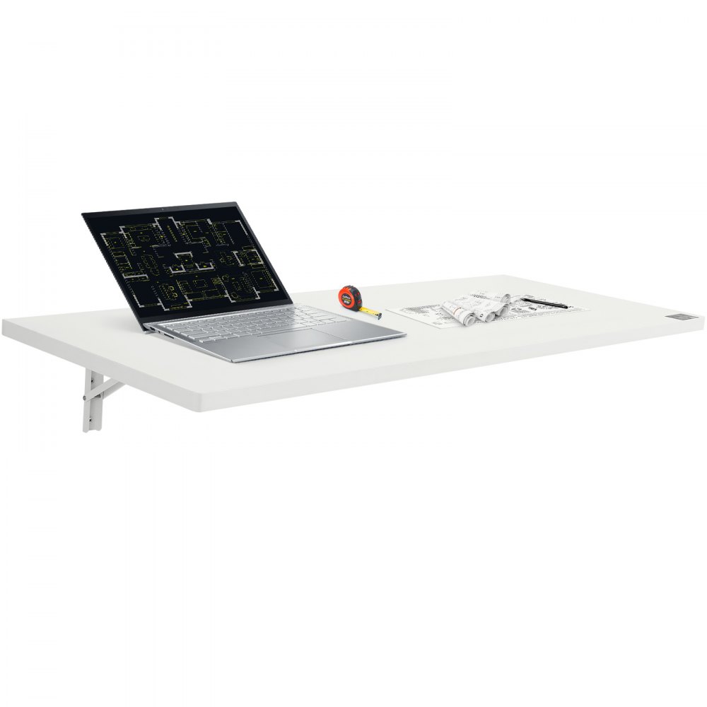 VEVOR wall mounted folding table with laptop, tape measure, and architectural plans on the white surface.