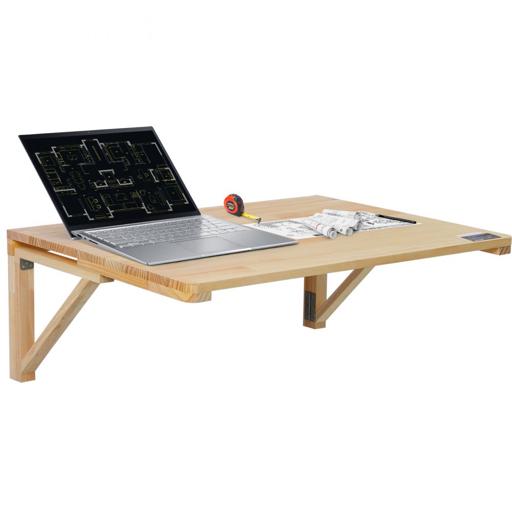 VEVOR opvouwbare wandtafel met laptop, bouwtekeningen en meetlint op houten oppervlak.