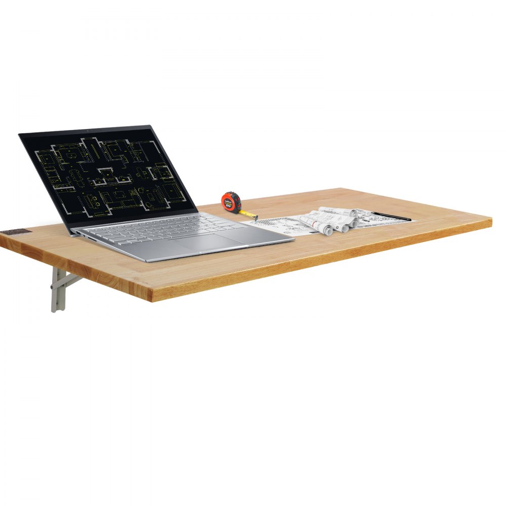 laptop and blueprints on VEVOR wall mounted folding table with tape measure.