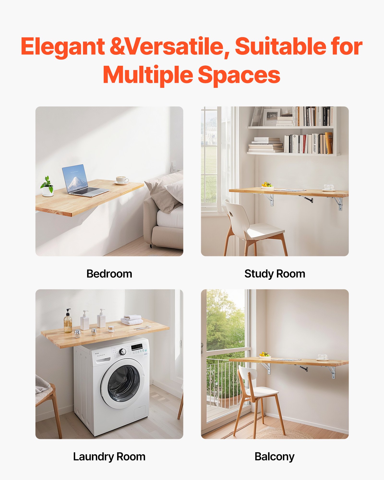 VEVOR Wandgemonteerde opklapbare tafel, 120 x 50 cm Wandgemonteerde opklapbare tafel, zwevend houten bureau met ijzeren beugel, opklapbaar bureau voor kleine ruimtes, thuiskantoor, eetkamer, wasruimte, keuken, bar