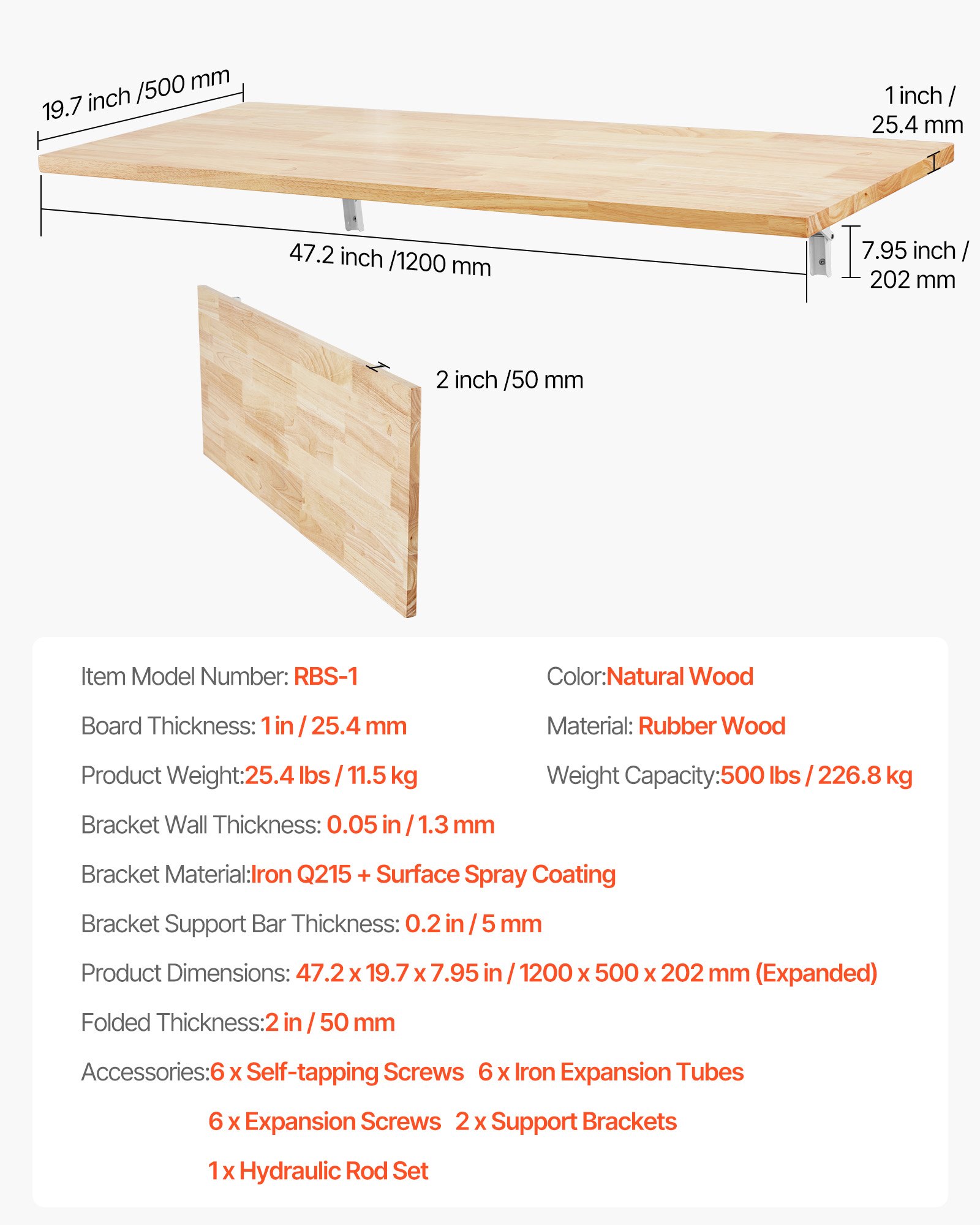 VEVOR Wandgemonteerde opklapbare tafel, 120 x 50 cm Wandgemonteerde opklapbare tafel, zwevend houten bureau met ijzeren beugel, opklapbaar bureau voor kleine ruimtes, thuiskantoor, eetkamer, wasruimte, keuken, bar