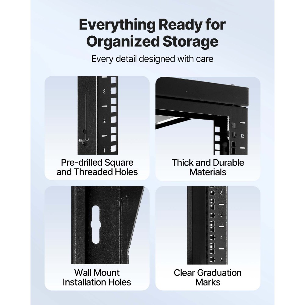VEVOR 12U wandgemonteerd serverrack, max. draagvermogen 68,04 kg, open frame netwerkrack met 180 graden deuropening, koolstofstaal, voor 482 mm IT-netwerkapparatuur en AV-apparatuur, computerservers, zwart