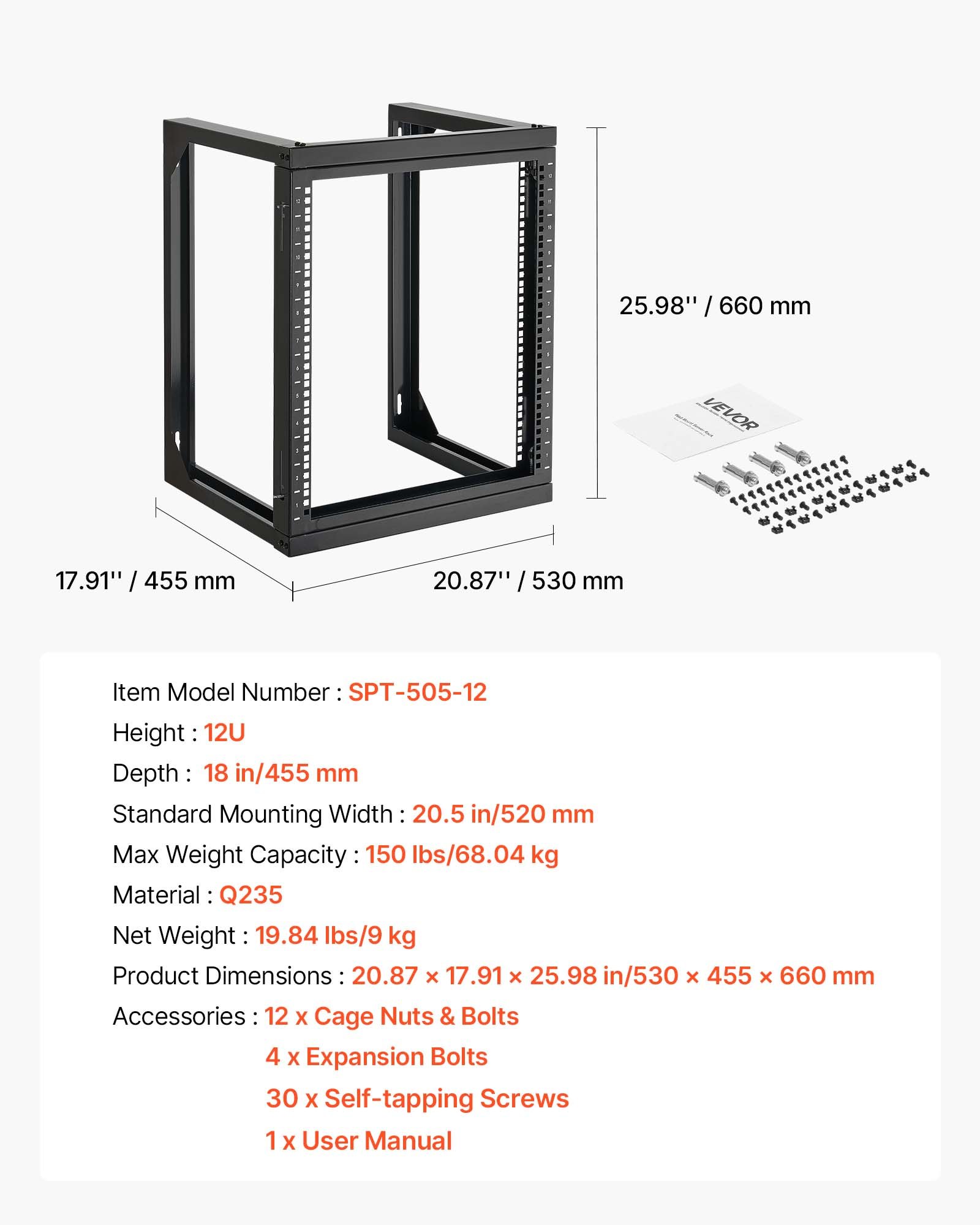 VEVOR 12U wandgemonteerd serverrack, max. draagvermogen 68,04 kg, open frame netwerkrack met 180 graden deuropening, koolstofstaal, voor 482 mm IT-netwerkapparatuur en AV-apparatuur, computerservers, zwart