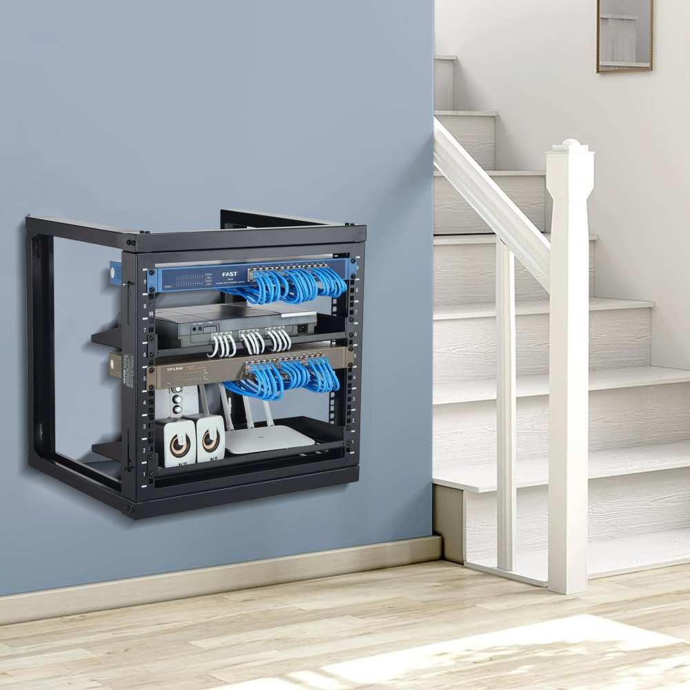 VEVOR 9U Wall Mount Rack, 150 lbs/68.04 kg Max Load Capacity, Open Frame Server Network Rack with Cage Nuts Screws, Carbon Steel 20.9 x 17.7 x 20.5" for 19"/482.6 mm AV & Server IT Equipment, Black