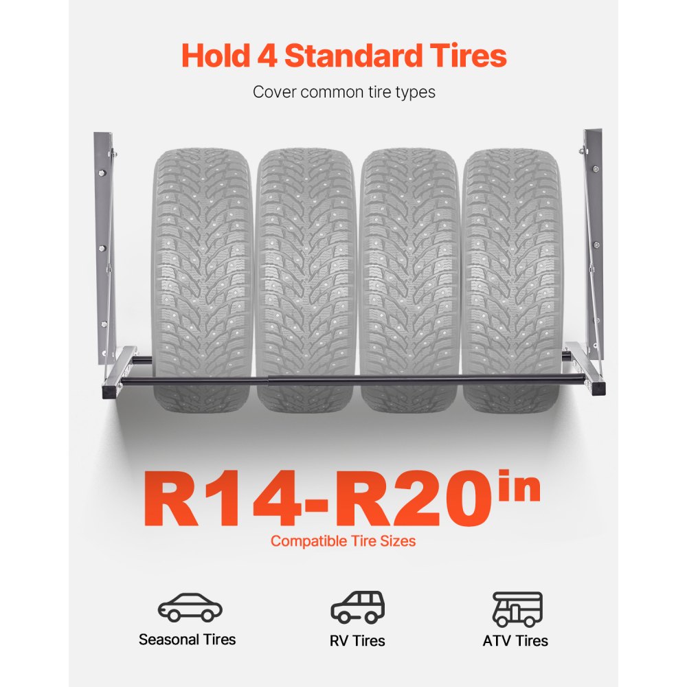 VEVOR Bandenrek Garagestelling Wandmontage 812-1219 mm Verstelbaar Q235 Zwaar stalen bandenrek voor standaardbanden (R355,6 tot R508 mm), max. draagvermogen 136 kg